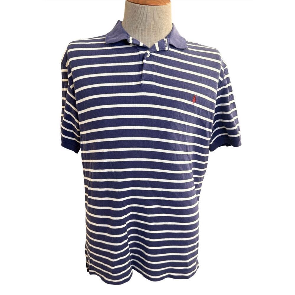 Polo Ralph Lauren Polo Shirt Large Blue White Stripe Red Pony Knit Preppy